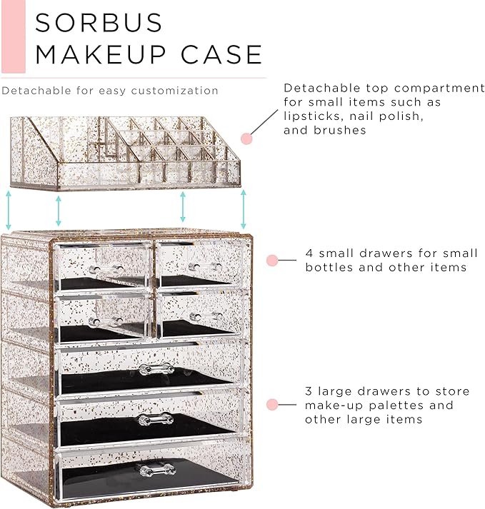 Sorbus Acrylic Makeup Organizer Set, 7-Drawer Vanity & Countertop Cosmetic Storage with Small & Wide Compartments, Glitter Makeup Storage for Brushes