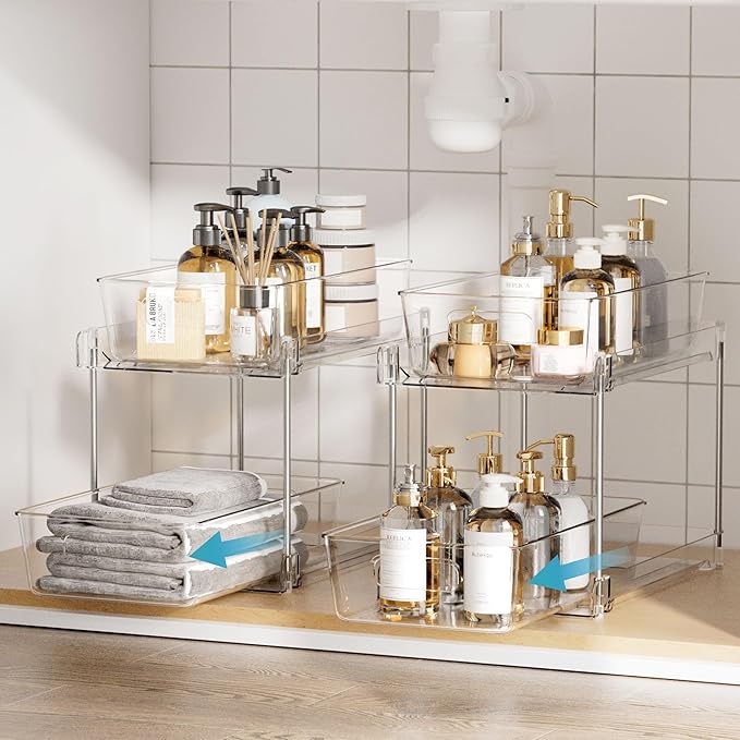 Vtopmart 4 Pack Bathroom Organizer, 2 Tier Clear Under Sink Organizers Vanity Countertop Storage Container,Cabinet Drawers Bins, Pull-Out Organization with Track for Pantry, Kitchen