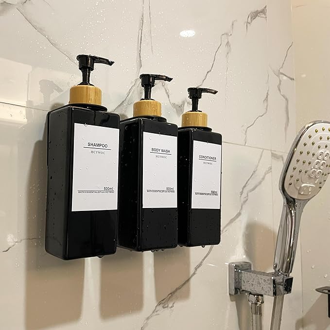 Shampoo Dispenser for Shower Wall, Shampoo and Conditioner Dispenser with 16 Waterproof Labels, No Drill Shower Soap Dispenser Bathroom, Shower Soap Dispenser Wall Mounted, 17oz, Bamboo(Black)