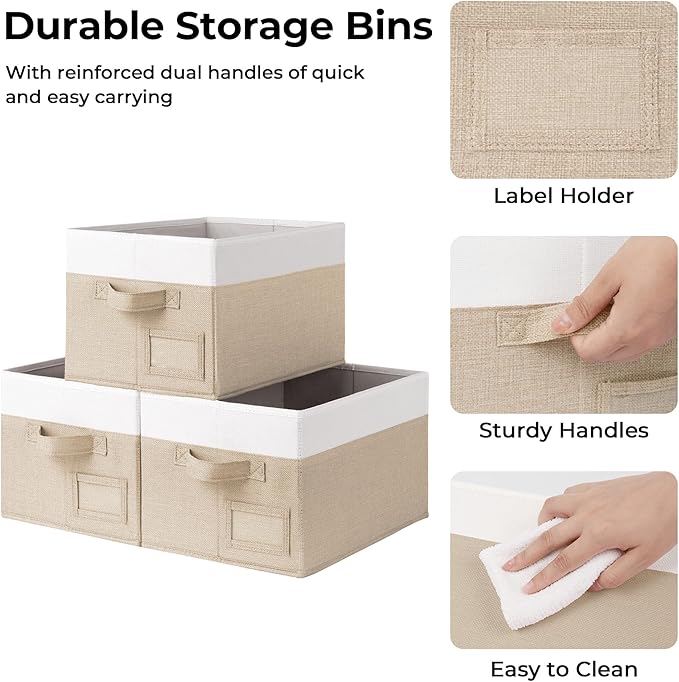 GRANNY SAYS Shelf Storage Baskets, Fabric Storage Bins for Clothes, Closet Storage Boxes with Handles, Collapsible Storage Containers for Bedroom and Living Room, Khaki&Ivory, Medium, 3-Pack