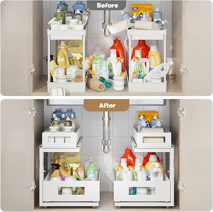 1 Pack 15.74IN-Depth Under Sink Organizer with Next-Gen Ball-Bearing Slides,2-Tier Pull Out Cabinet Storage,Height Adjustable Drawer Shelf for Bathroom,Kitchen,Laundry,Cabinet,Pantry-White