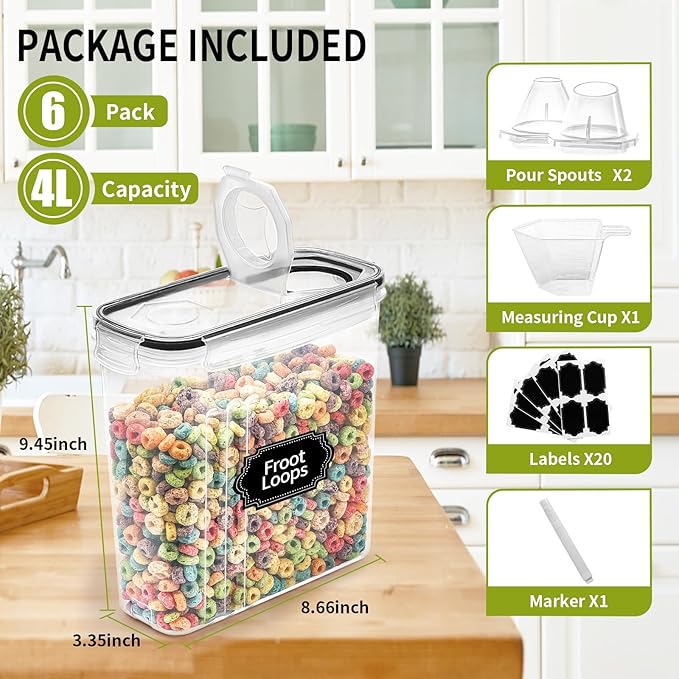Skroam Cereal Containers Storage of 6 [4L/135.2 oz], Airtight Food Storage Containers with Lids, Plastic Cereal Dispensers for Kitchen & Pantry Organizers and Storage, Measuring Cup & 20 Labels