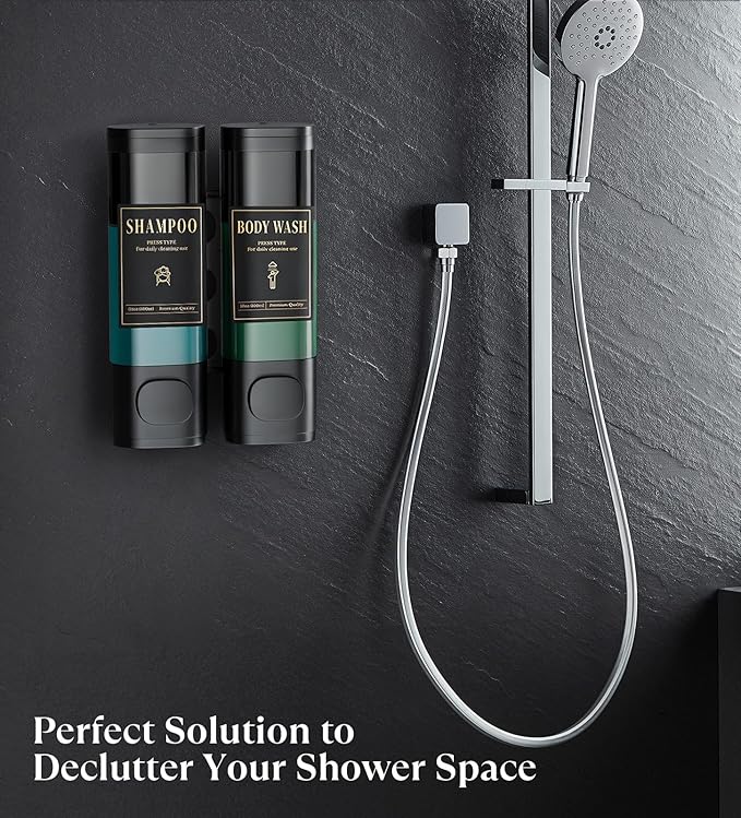 Luxspire Shampoo and Conditioner Dispenser, No Drill Wall Mounted Shower Soap Dispenser 2 Chamber with Waterproof Labels, Easy Refill Soap Dispenser for Bathroom Hotel Kitchen, Black