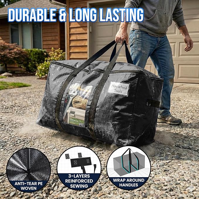 TAILI Extra Large Moving Bags, 8 Pack Black Heavy Duty Totes For Storage with Visible Window, Wrap Around Handles, Storage Bags for Space Saving