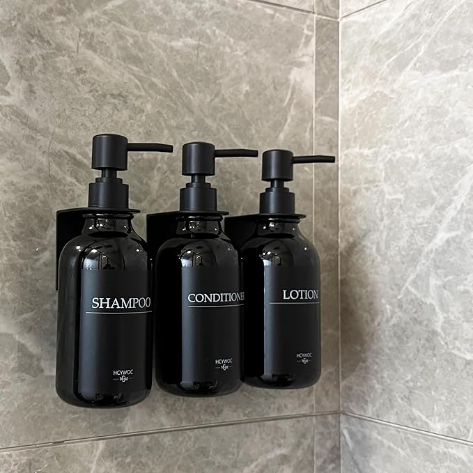Shampoo Dispenser for Shower Wall, Shampoo and Conditioner Dispenser with 16 Waterproof Labels, No Drill Shower Soap Dispenser Bathroom, Shower Soap Dispenser Wall Mounted,17oz, 3 Pack, Black