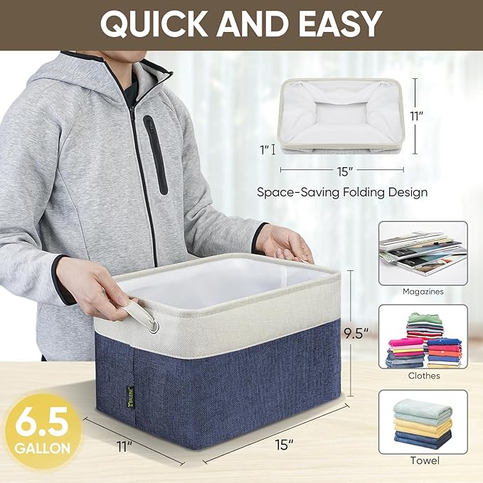 4 Pack Fabric Closet Storage Bins for Shelves, Navy Blue, 15"x11"x9.5"