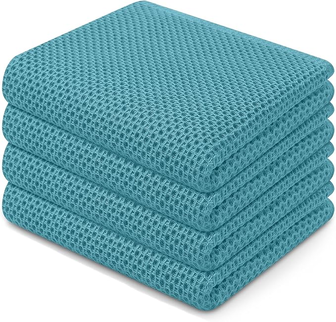 Homaxy 100% Cotton Waffle Weave Kitchen Dish Towels, Ultra Soft Absorbent Quick Drying Cleaning Towel, 13 x 28 Inches, 4-Pack, Lake Blue