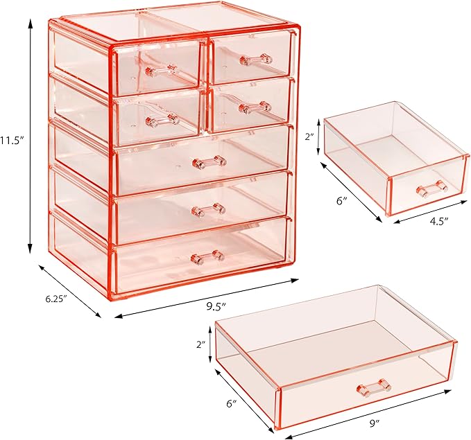 Sorbus Acrylic Makeup Organizer Set, 7-Drawer Vanity & Countertop Cosmetic Storage with Small & Wide Drawers, Pink Makeup Storage for Brushes