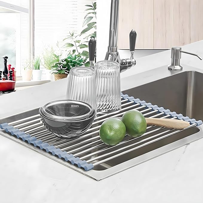 Roll up Dish Drying Rack Over The Sink Kitchen Roll up Sink Drying Rack Portable Dish Drainer Foldable Dish Drying Rack (Grey, 37 * 23.5CM)