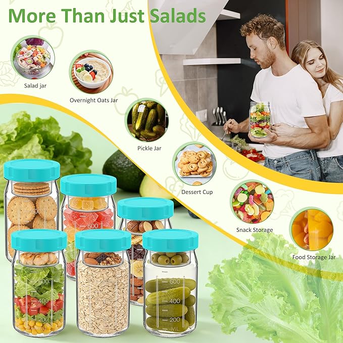 4Pack Glass Salad Jars with Lids, 32oz Salads Mason Jars with Wet/Dry Separation Cup, Meal Prep Salad Containers for Lunch