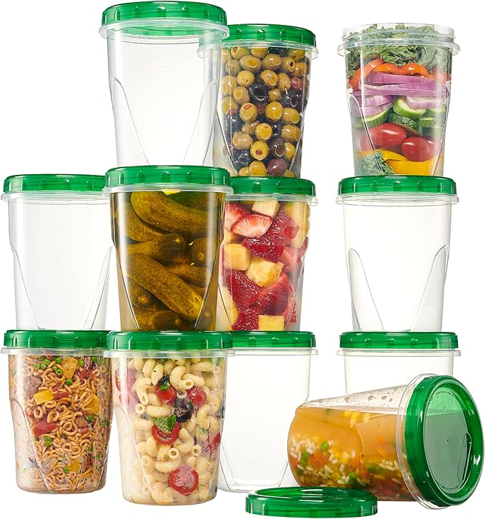 PLASTICPRO 12 Pack Twist Cap Food Storage Containers with Green Screw on Lid- 32 oz Reusable Meal Prep Containers