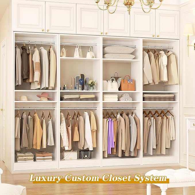 Unikito 100” Closet System, 8.3FT Wood Closet Storage Organizer with 8 Hanging Rods, Adjustable Large Walk in Wardrobe Closet Tower, Sturdy Clothes Garment Rack, Easy Assembly, Set of 4, White