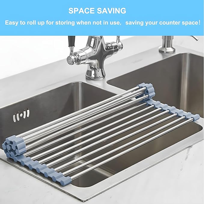 Roll up Dish Drying Rack Over The Sink Kitchen Roll up Sink Drying Rack Portable Dish Drainer Foldable Dish Drying Rack (Grey, (37 * 30) CM)