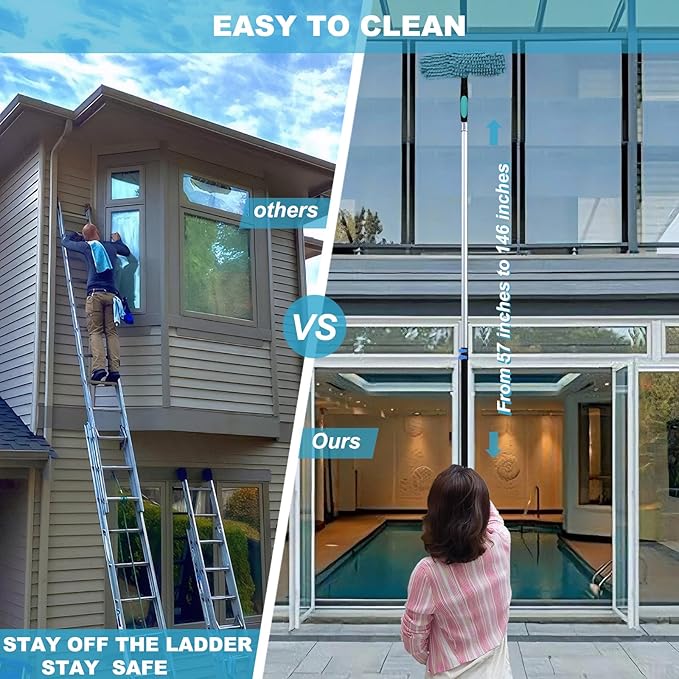 20 Ft+ Reach 2 In 1 Window Squeegee Duster with 5-to-12 Foot Extension Pole, Cleaner Tool with 3-Stage Telescoping Pole