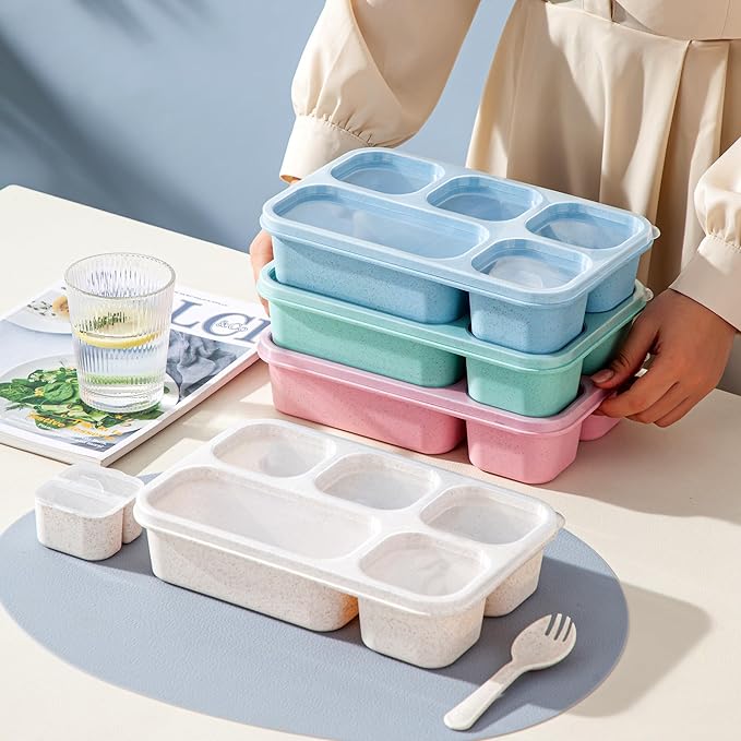 TOUWMX Bento Box Adult, 4 Pack 5 Compartments Meal Prep Container Reusable Food Storage Lunchable Containers with Sauce Containers