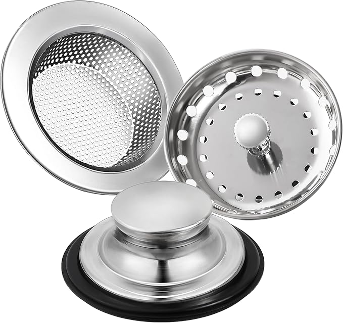 RQYEKDO 3-Pack Kitchen Sink Drain Strainer Stopper Set, Universal Anti-Clogging Stainless Steel Garbage Disposal Plug with Handle
