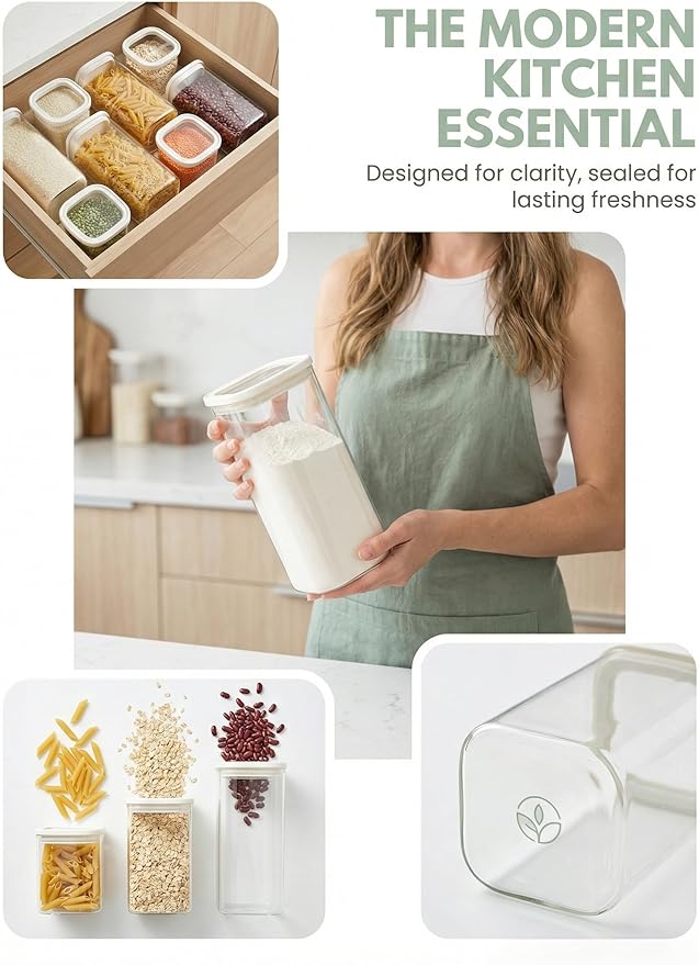 4pcs Small Square Glass Pantry Storage Jars Set with Glass Lids 0.76Qt - Stackable Kitchen Canisters Sets for Nuts, Overnight Oast, Snacks