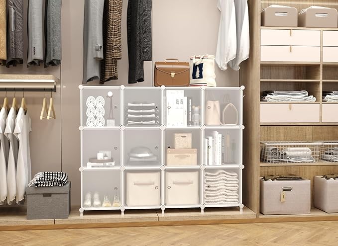 AWTATOS Cube Storage Closet Organizer 12 Cube Storage Shelves with Doors Closet Organizers and Storage Stackable Clothes Organizer for Bedroom, Home Office, White