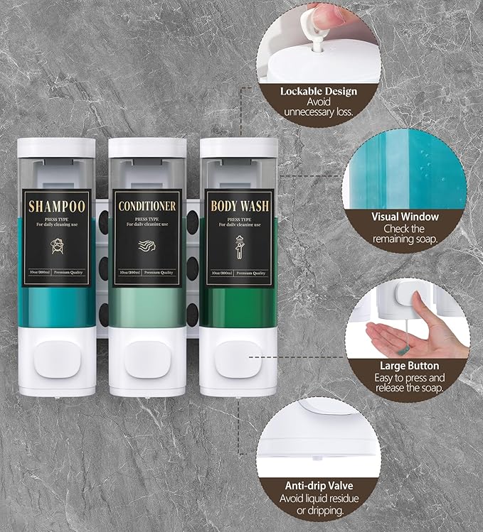 Luxspire Shampoo and Conditioner Dispenser, No Drill Wall Mounted Shower Soap Dispenser 3 Chamber with Waterproof Labels, Easy Refill Soap Dispenser for Bathroom Hotel Kitchen, White