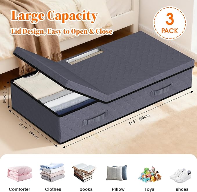 Under Bed Storage Containers with Lids, 3 Pack, Grey