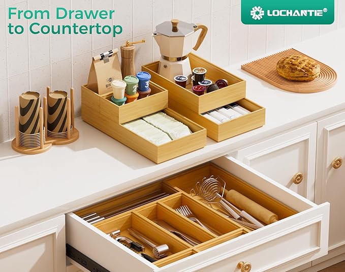 Bamboo Kitchen Drawer Organizer Boxes – 12" x 6" Stackable Wood Silverware Utensil Tray for Drawers Bins, Cutlery & Flatware Storage