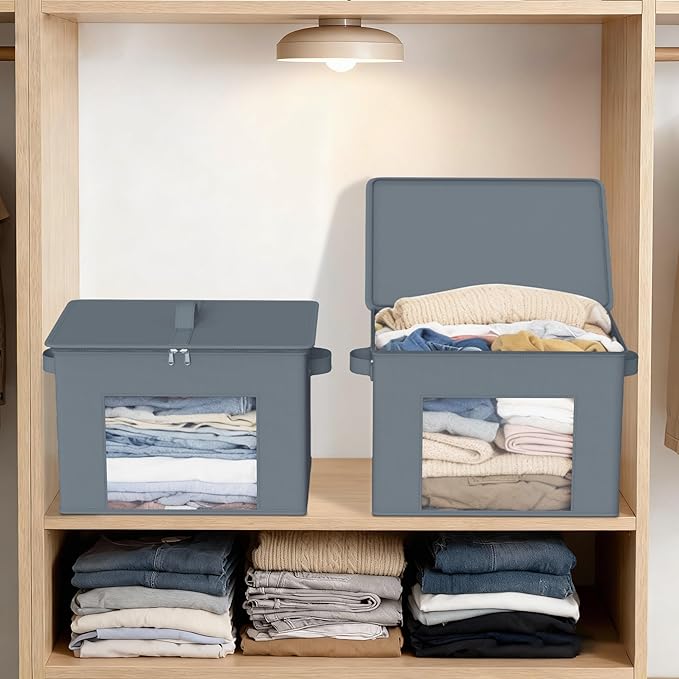Zilink Fabric Foldable Storage Boxes with Lid 4-Pack Stackable Storage Bins with Zipper & Clear Window Fabric Closet Containers and Organizers for Home, Office, Bedroom (Grey,17" x 12" x 12")