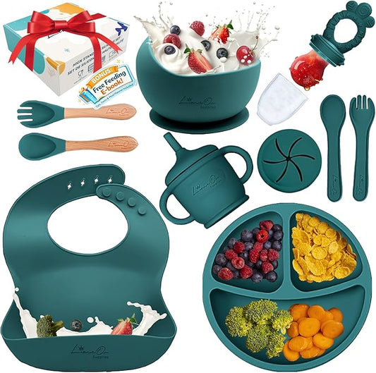 Silicone Baby Feeding Set, 10 Pcs Baby Led Weaning Supplies | BPA-Free Baby Dishes with Toddler Plates and Bowls Set, Silicone Bib, Suction Cup