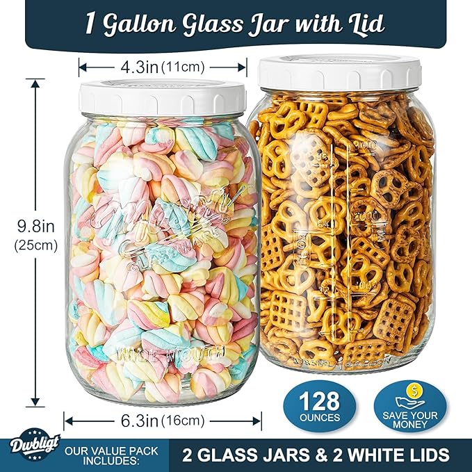 2 Pack Wide Mouth Mason Jars with Airtight Lid and Silicone Ring - 1 Gallon Large Glass Containers for Food Storage like Flour Sugar, Sun Tea, Kombucha, Refrigerator Safe Fermentation Jar