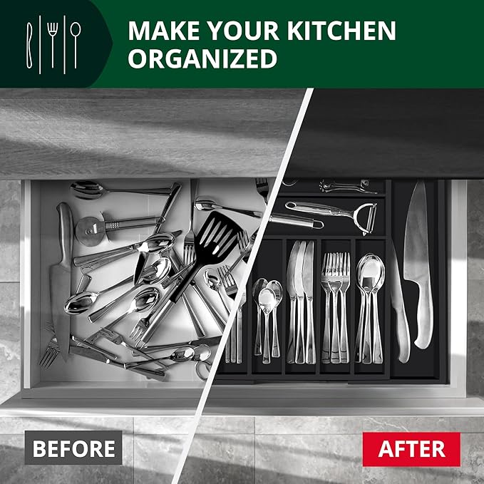 ROYAL CRAFT WOOD Luxury Bamboo Kitchen Drawer Organizer - Silverware Organizer - Utensil Holder and Cutlery Tray with Grooved Drawer Dividers for Flatware and Kitchen Utensils (9 Slot, Black)