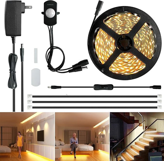 Sensky 19.7ft/6m Motion Activated LED Strip Light Kit Flexible LED Strip Motion Sensor for Bedroom, Gun Safe, Under Cabinet, Under Bed, Pantry, Kitchen, Stairway, Closet(Warm White 3000-3500K)