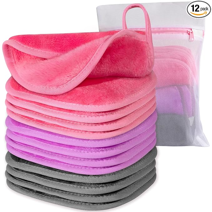 Makeup Remover Cloth, 6" x 6" Make Up Towels Reusable Face Cloth for Washing Face, 12 Pack Makeup Remover Pads Microfiber Face Washcloth with Mesh Bag, Just Water, Grey/Purple/Pink