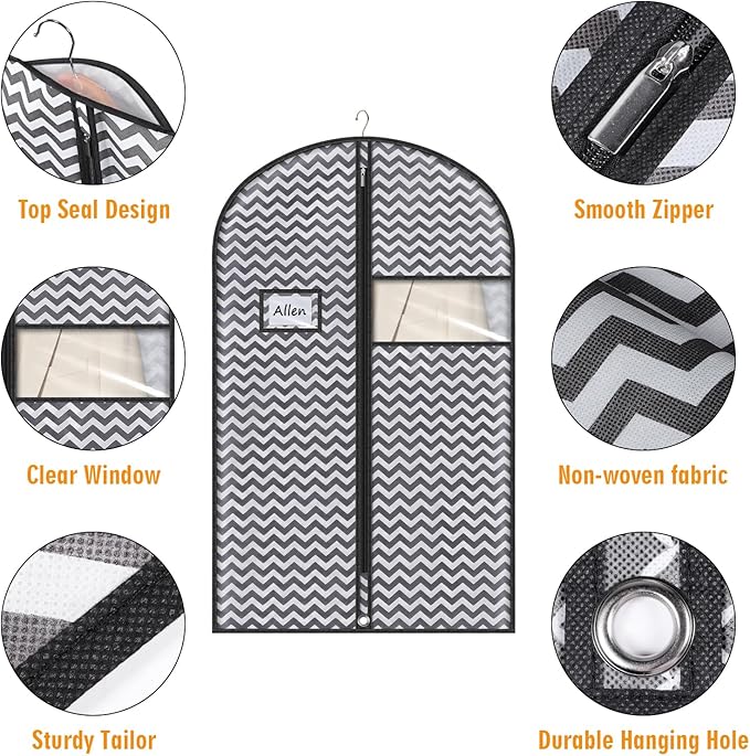 40" Suit Bag, Set of 5 Garment Bags for Hanging Clothes, Dark Grey