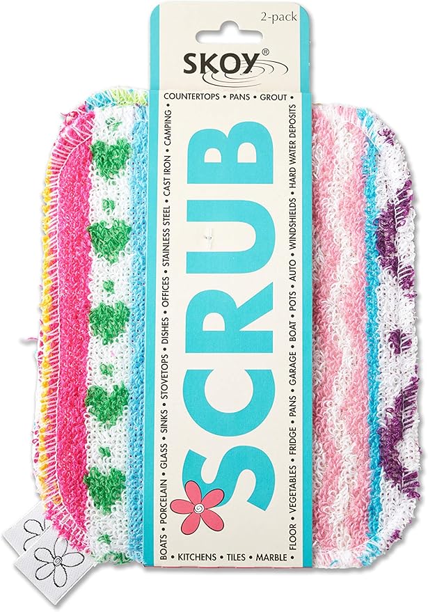 Skoy Scrub, 2-pack Reusable, Non-Scratching Dish Scrubber for Kitchen and Household Cleaning, Planet-Friendly, Dishwasher Safe Soft Scrub, Assorted Colors and Designs
