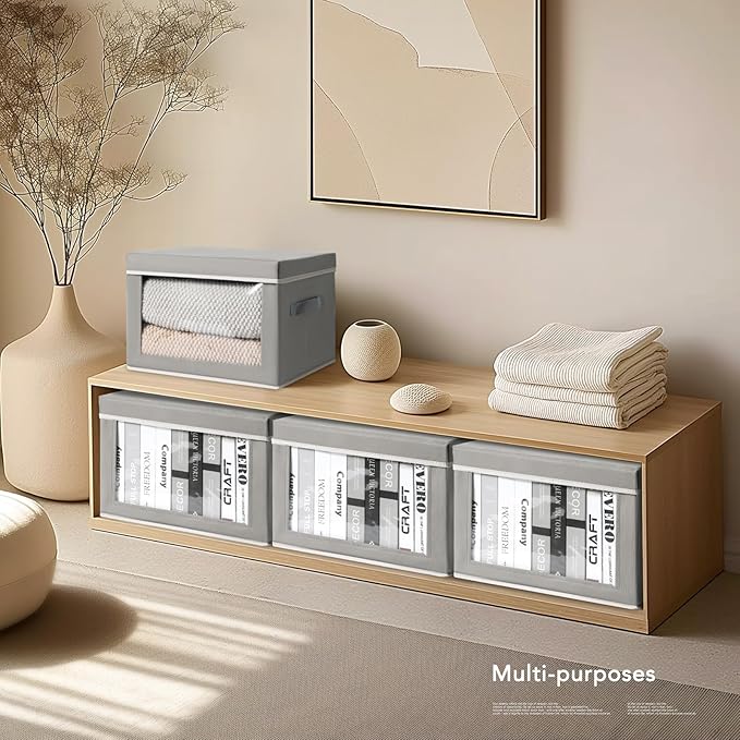 Decorative Bins with Lids, Stackable Cube Bins for Closet