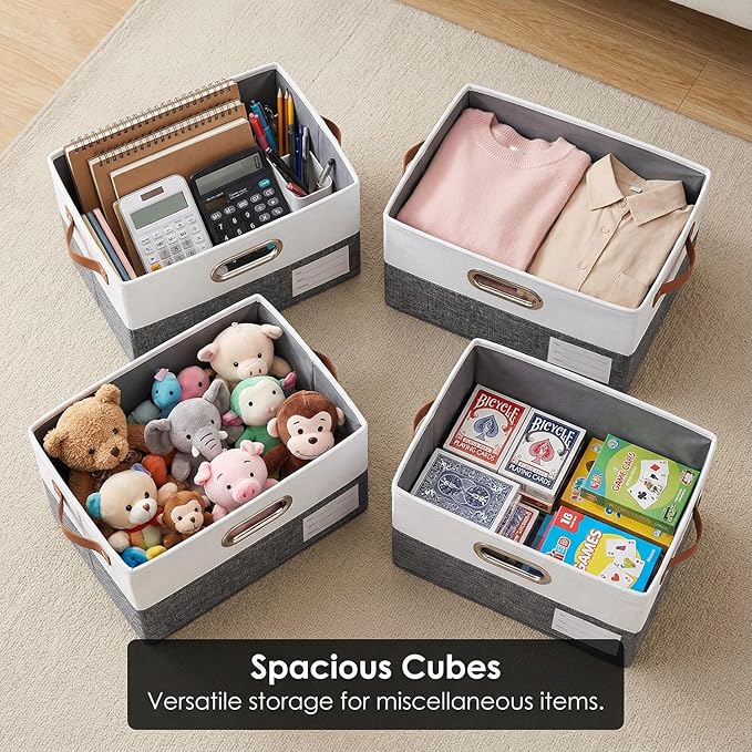 PRANDOM Storage Bins [3-Pack] Linen Foldable Boxes - Grey & White