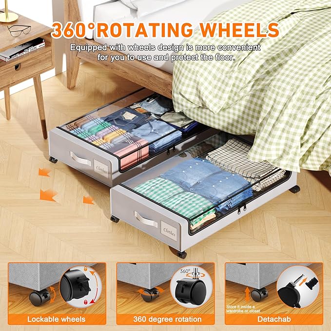 Under Bed Storage with Wheels, 2 Pack Under Bed Storage Containers with Clear Lids, XXL 65L Under Bed Storage Organizer