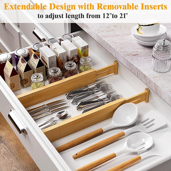 Bamboo Drawer Dividers, 12-21" Adjustable Drawer Organizers for Clothes, 8-Pack