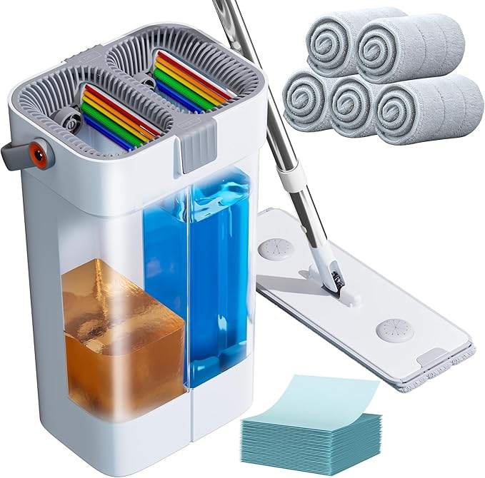 Mop and Bucket Set, Flat Mop and Bucket System, Mop Bucket with Wringer, Wall Mop with Adjustable Handle (Max 61 Inches), 5 Washable Microfiber Mop Pads
