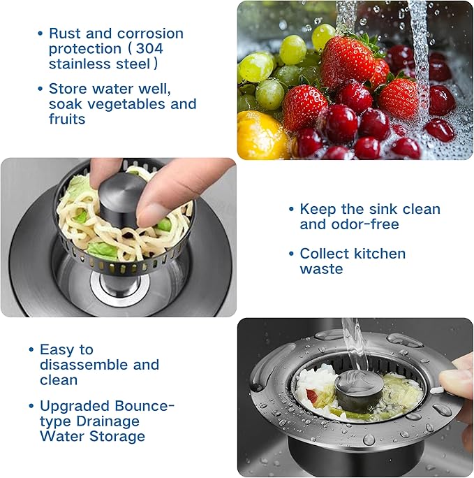 Kitchen Sink Drain Stopper & Strainer Combo, Universal Stainless Steel Sink Drain Stopper (Grey, Fewer holes)