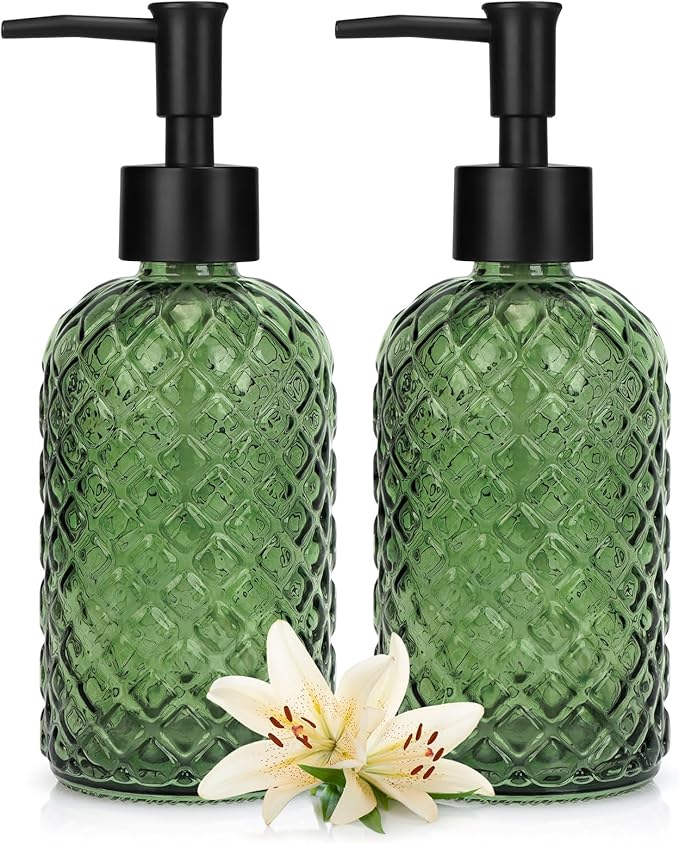 13.5Oz Gem Design Soap Dispenser with Plastic Pump, Refillable Glass Soap Dispenser for Hand Soap, Dish Soap, Lotion (Army Green)