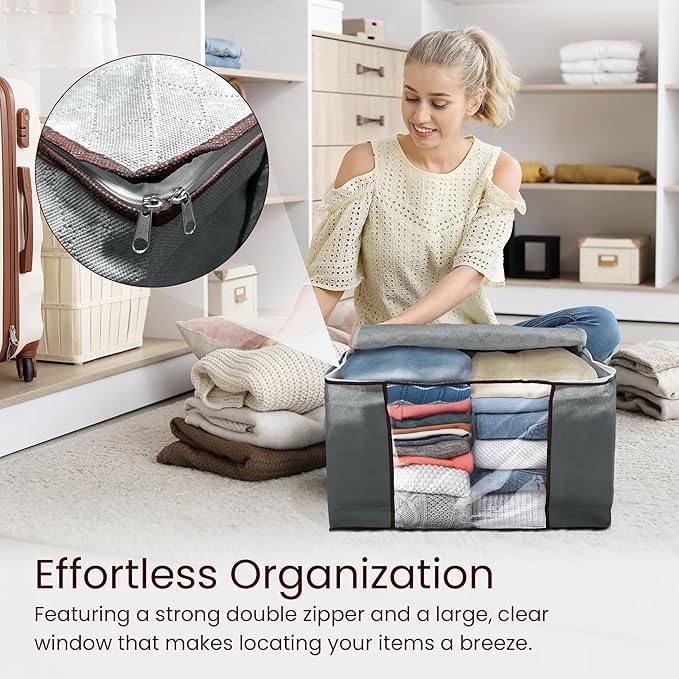 Reli. 60L Clothes Storage Bags (6 Pack) Foldable Closet Organizers & Closet Storage Containers | Foldable Bins with Lids, Handles | Large Clothing Bags for Towels, Toys, Blankets | Grey