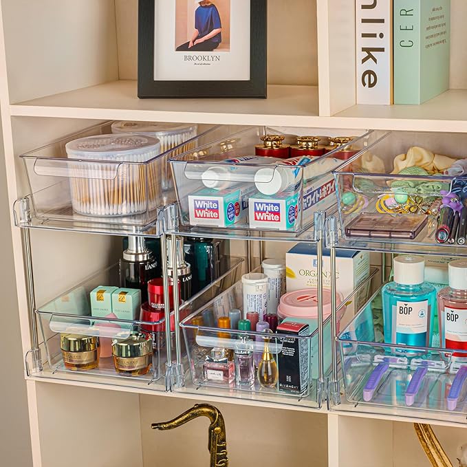 1Pack 2-Tier Bathroom Storage Organizer, Clear Under Sink Organizers Kitchen Vanity Counter Storage Container, Medicine Cabinet Drawers Bins, Pull-Out Organization with Track for Pantry