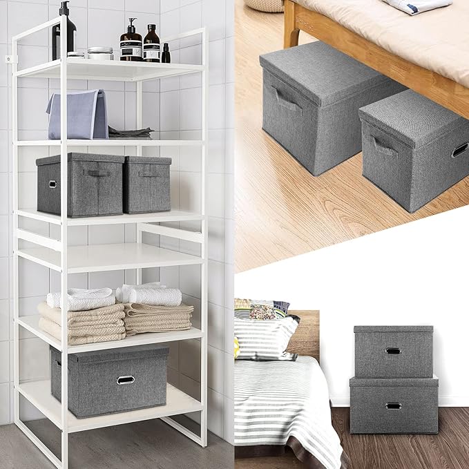 Large Linen Fabric Foldable Storage Bins with Removable Lid and Handles, Washable Storage Box Organizer Containers Baskets Cube with Cover for Bedroom