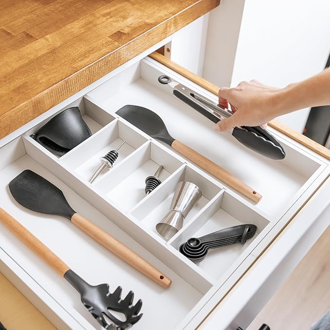 KitchenEdge Adjustable Kitchen Drawer Organizer for Utensils and Junk, Food-Safe Contract Grade with 100% Sustainable Wood
