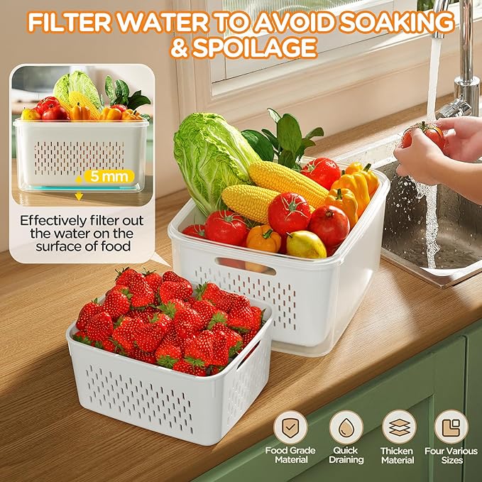 6 PCS Fruit Storage Containers for Fridge with Removable Colanders, 6 Plastic Food Storage Containers with 6 Lids