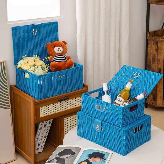 Set of 3 Woven Wicker Storage Basket Box with Lids & Lock, Blue