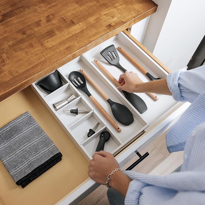 KitchenEdge Adjustable Kitchen Drawer Organizer for Utensils and Junk, Food-Safe Contract Grade with 100% Sustainable Wood