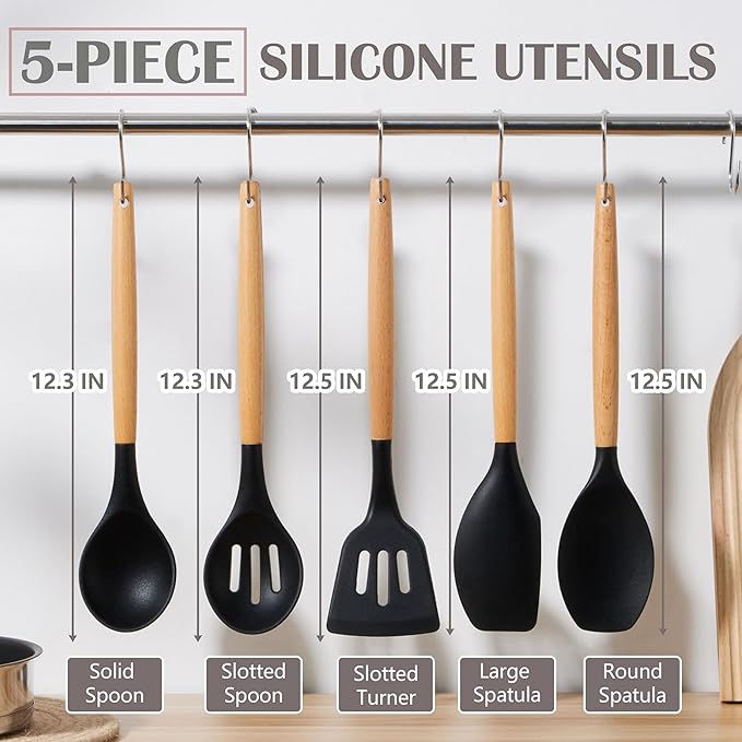 E-far Silicone Cooking Utensils Set, 5-Piece Black Kitchen Utensils Set with Wooden Handle for Cooking, Silicone Kitchen Nonstick Tools Spatula Turner Slotted Spoons, Nontoxic & Heat Resistant-Black