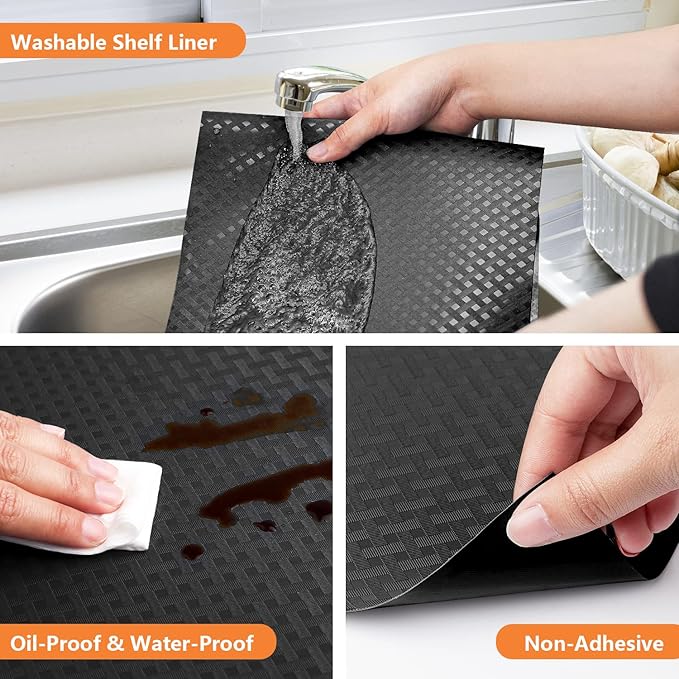 Shelf Liners for Kitchen Cabinets Refrigerator Liners Waterproof Kitchen Cupboard Liner Non-Slip Drawer Mats EVA Material Non Adhesive Fridge Liner for Shelves - Black（11.8 x 236.2 Inches x 2 Rolls