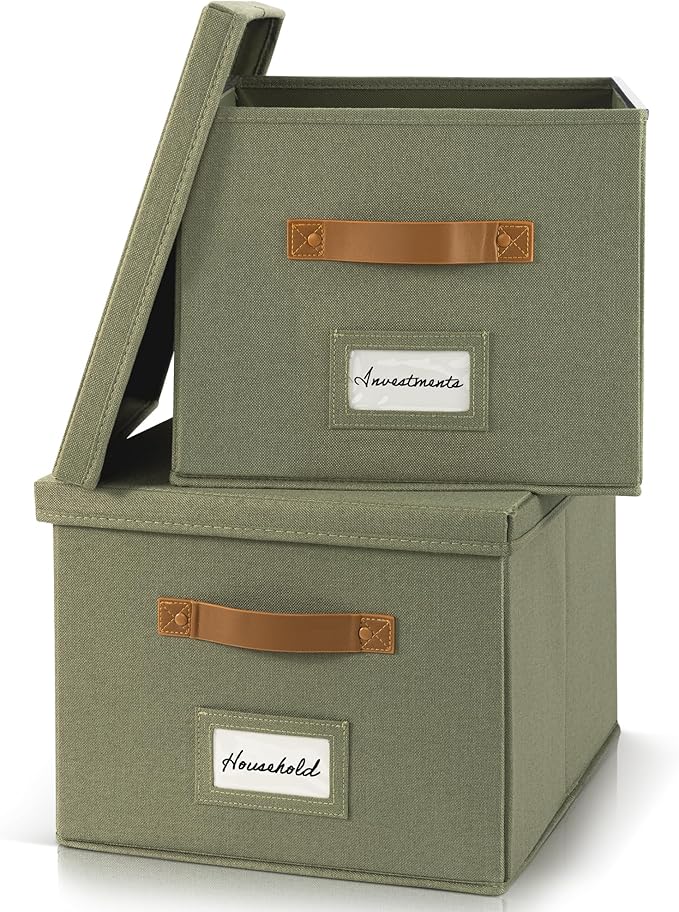 ZICOTO Decorative File Organizer Box Set of 2 - Collapsible Linen Filing Cabinets w/Handles Are Perfect to Store all Your Documents & Hanging File